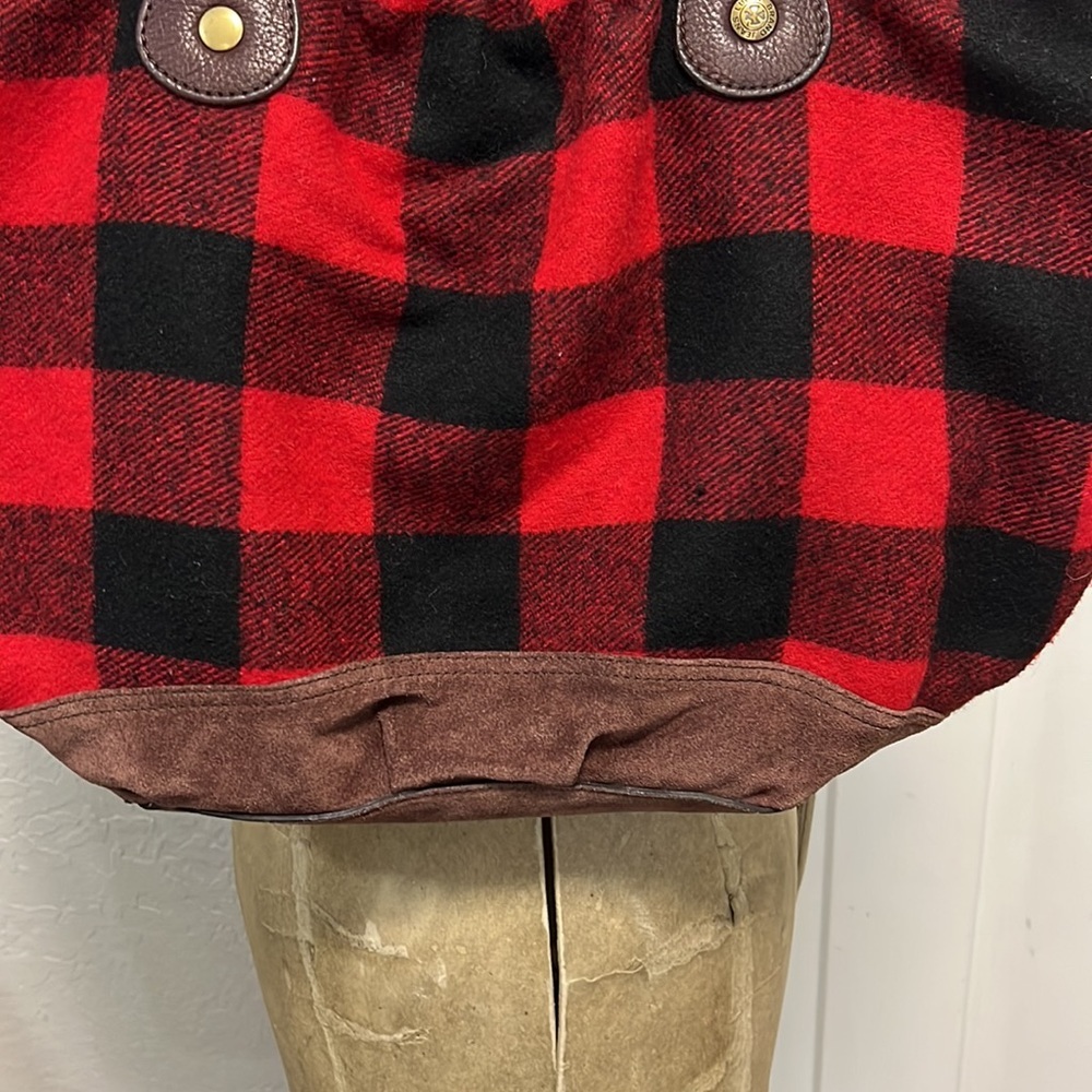 Lucky Brand Buffalo Plaid Red Black Wool Cotton Leather Large Tote Shoulder Bag View 3